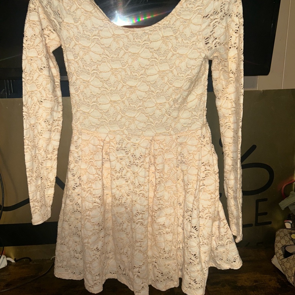 Free People Cream Fit and Flare Long Sleeve Dress for cocktails parties